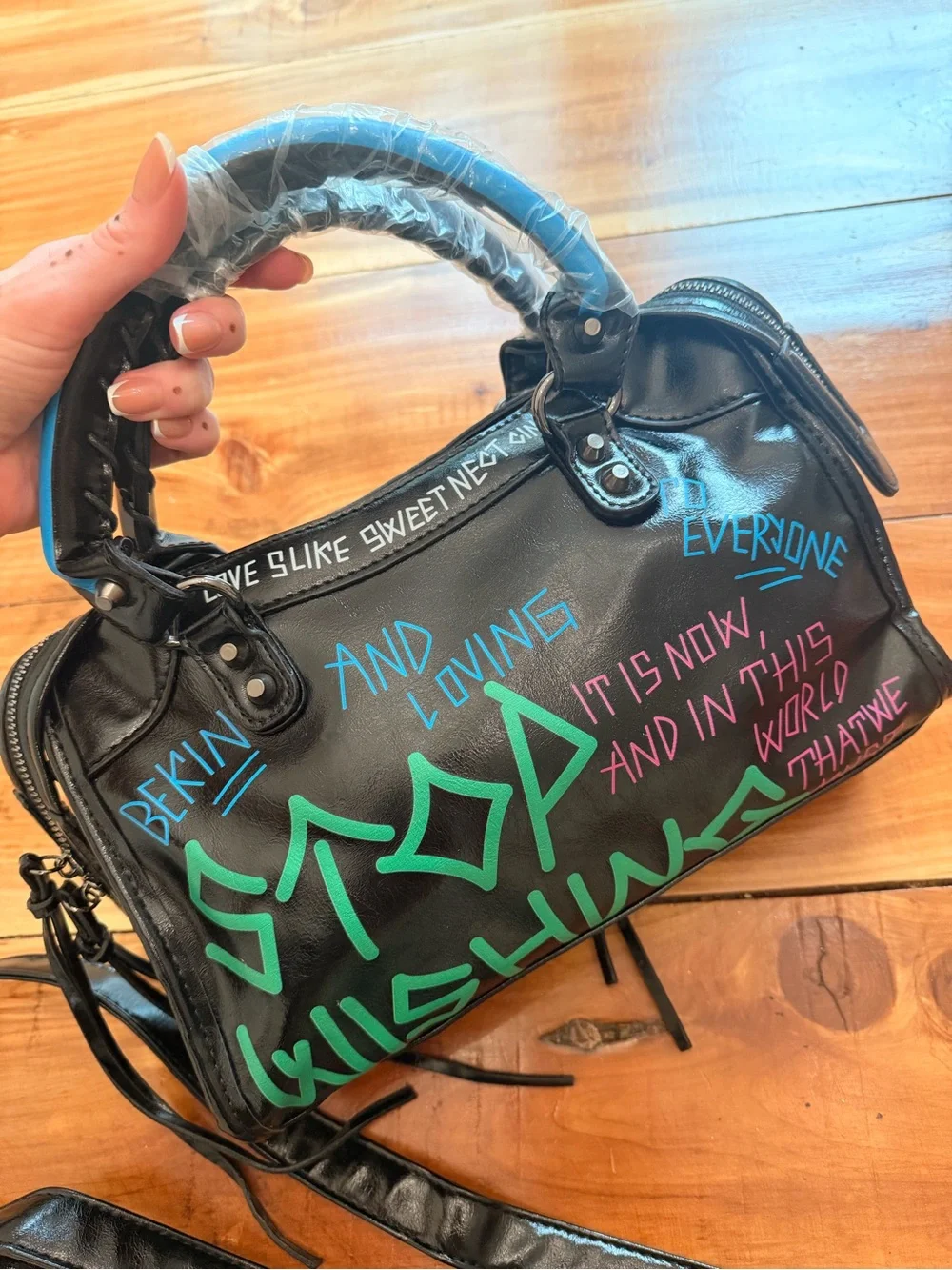 Black Graffiti-Print Women’s Satchel Handbag